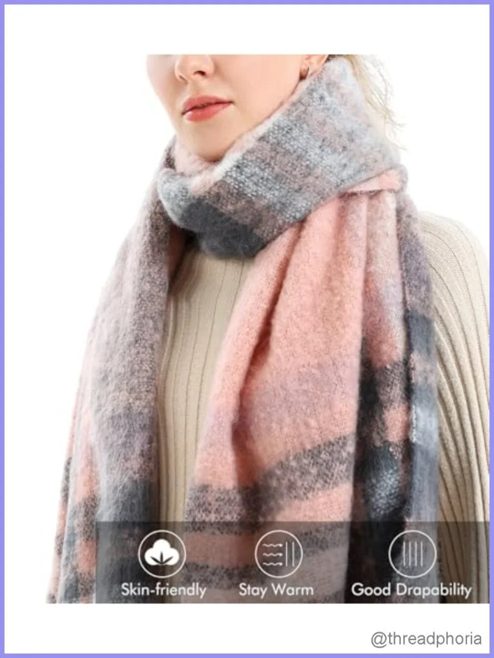 Vintage Plaid Cashmere Feel Scarf Shawl Wrap Winter Warm Oversized